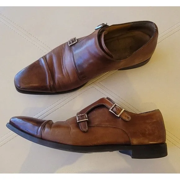 Magnanni Men's Tan Double Monk Cap Toe Brown Leather Shoes Size 10.5 M 17602‎